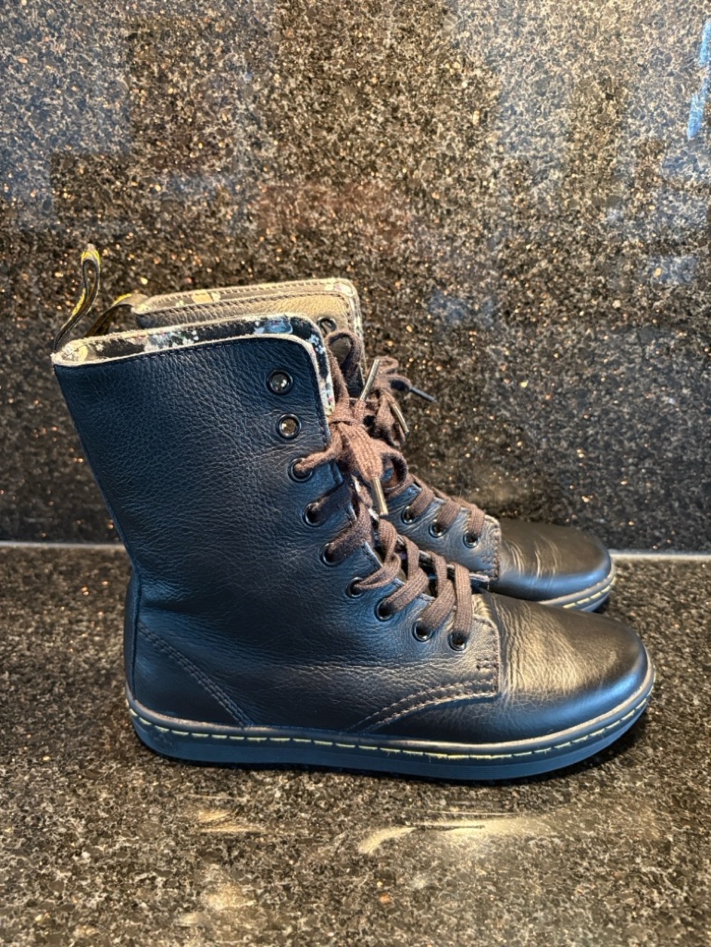 Dr. Martens Black Leather Combat Boots with Floral Lining - Picture 4 of 8
